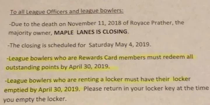 Maple Lanes in Sheboygan closing after death of majority owner