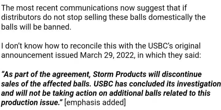 USBC suggests it will ban the 6 Storm balls if sales don’t end, distributor Classic Products says in email to pro shops