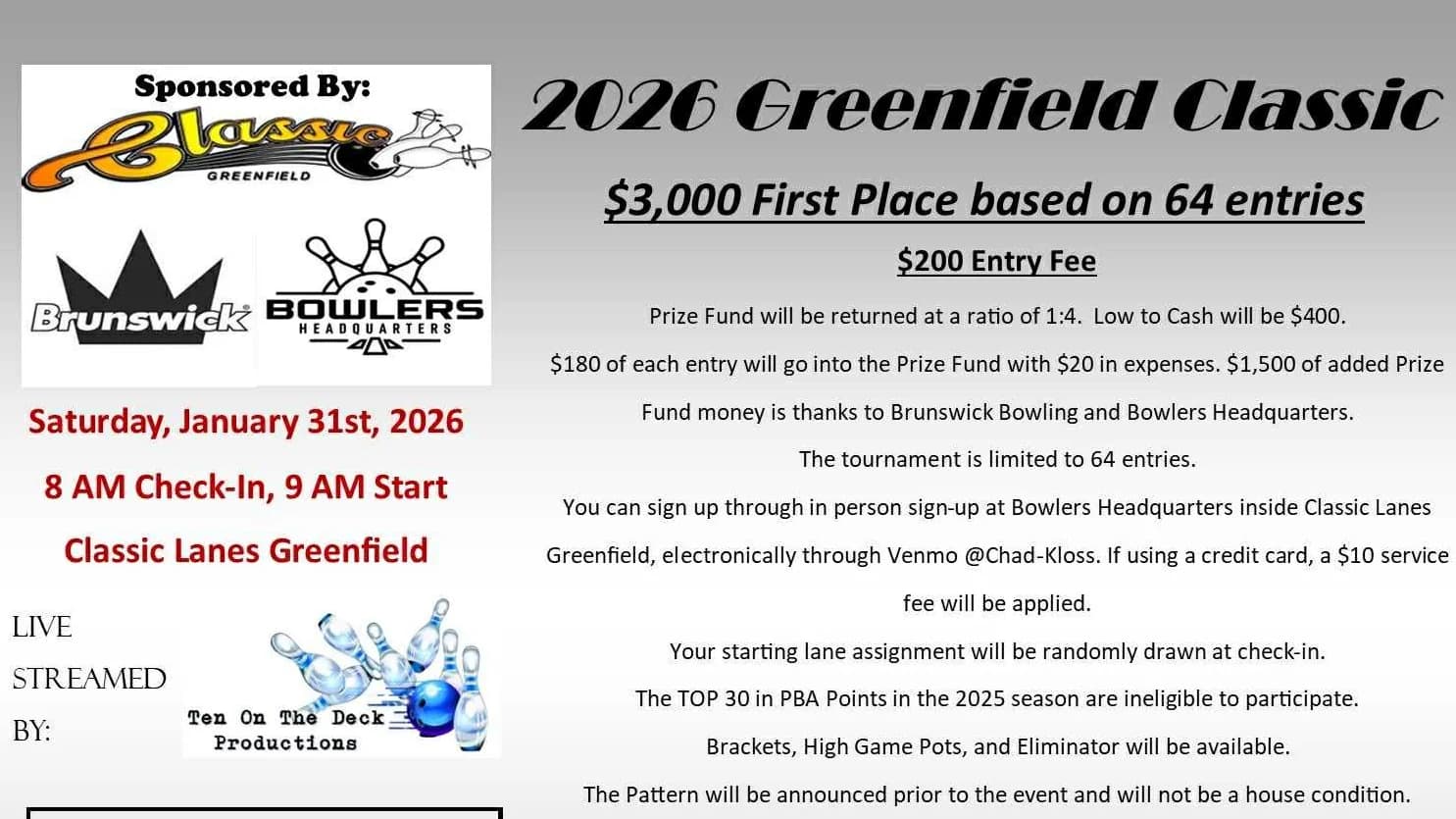Classic Lanes Greenfield hosting new 2026 Greenfield Classic with $3,000 top prize based on 64 entries