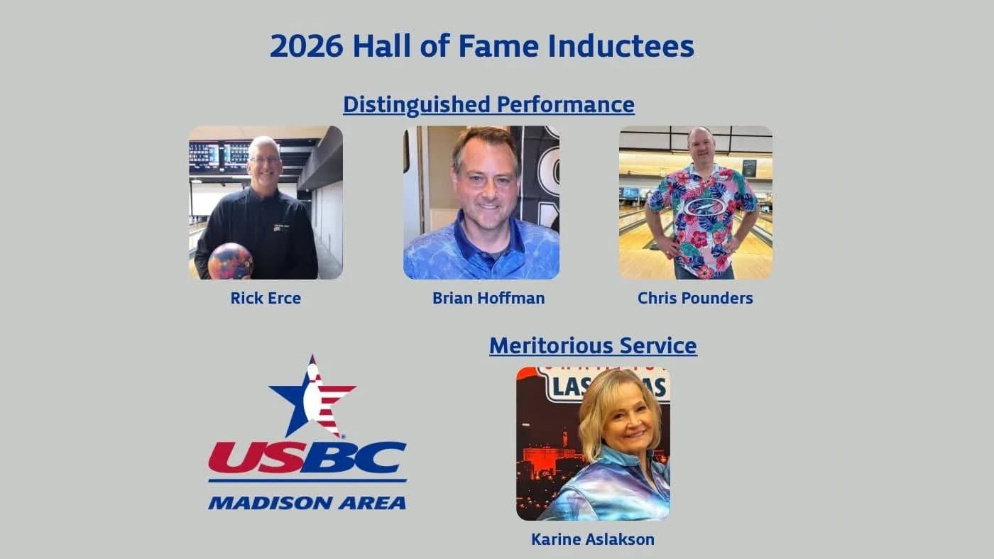 Chris Pounders, Brian Hoffman, Rick Erce in Distinguished Performance and Karine Aslakson in Meritorious Service elected to Madison Area USBC Hall of Fame in Class of 2026