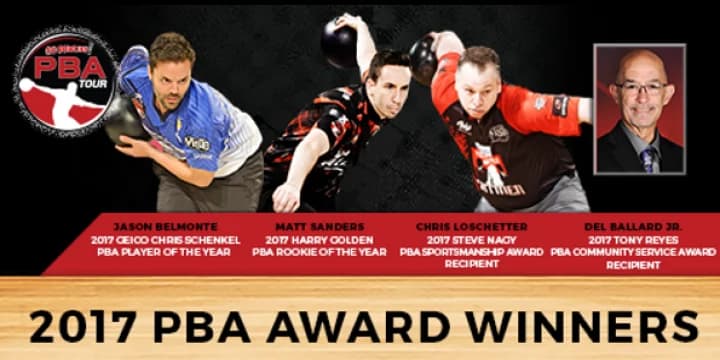 As expected, Jason Belmonte, Matt Sanders easy winners of PBA Player of the Year, Rookie of the Year voting; Chris Loschetter takes Steve Nagy Sportsmanship award, Del Ballard Jr. Tony Reyes Memorial Community Service Award