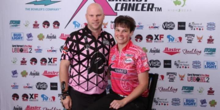 Shannon Pluhowsky-Tommy Jones, Erin McCarthy-A.J. Johnson lead PBA-PWBA Storm Striking Against Breast Cancer Mixed Doubles halfway through qualifying