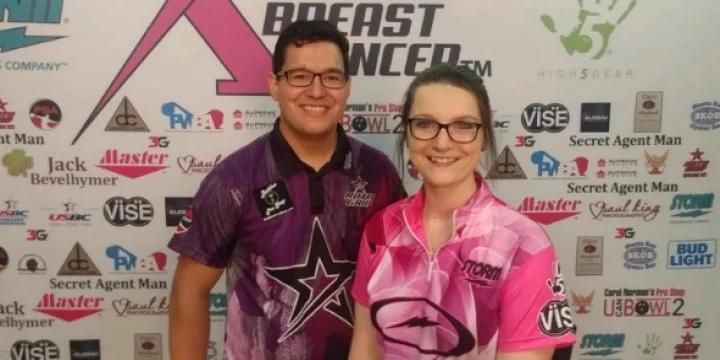 Kris Prather and Sydney Brummett lead by 84 over defending champs E.J. Tackett and Liz Johnson after 2 of 4 squads at Storm PBA-PWBA Striking Against Breast Cancer Mixed Doubles — aka The Luci