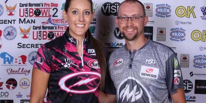E.J. Tackett, Danielle McEwan lead by 41 over Richie Teece, Liz Kuhlkin after 2 of 4 squads at 2021 Storm PBA-PWBA Striking Against Breast Cancer Mixed Doubles — aka The Luci
