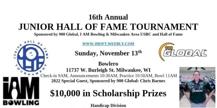 Chris Barnes the celebrity, field stays at 64 teams competing for $10,000 in scholarships in 16th annual Junior Hall of Fame tournament Sunday, Nov. 13 at Bowlero Wauwatosa