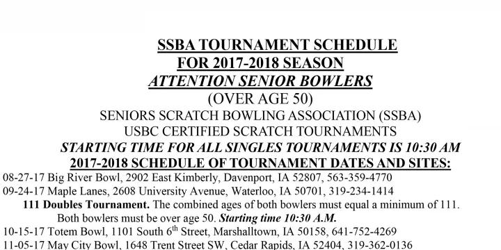Senior Scratch Bowling Association of Iowa releases 2017-18 schedule